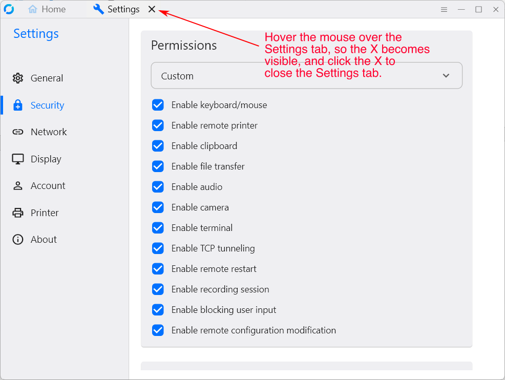 How to close the settings tab
