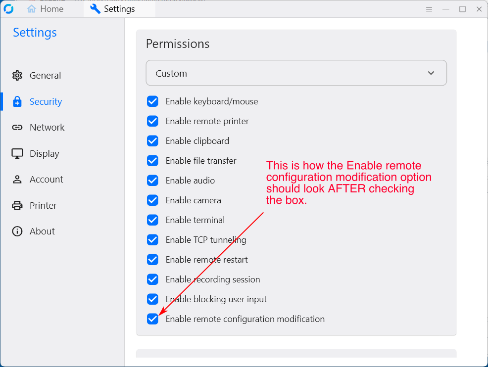 In security settings, shows enabled option to enable remote configuration modification