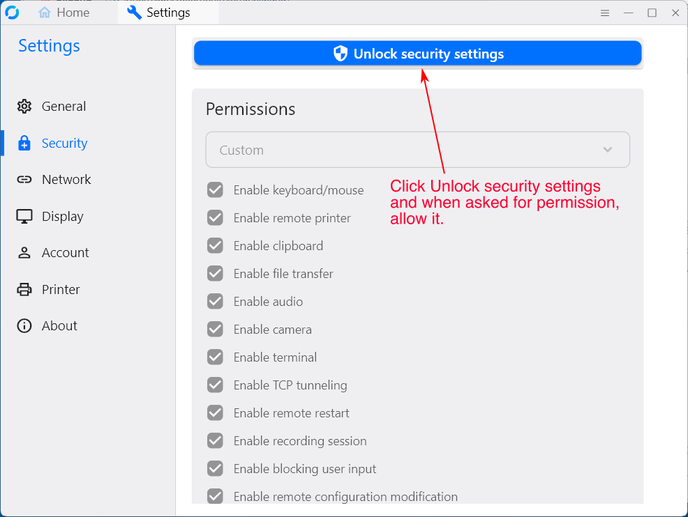 How to unlock security settings